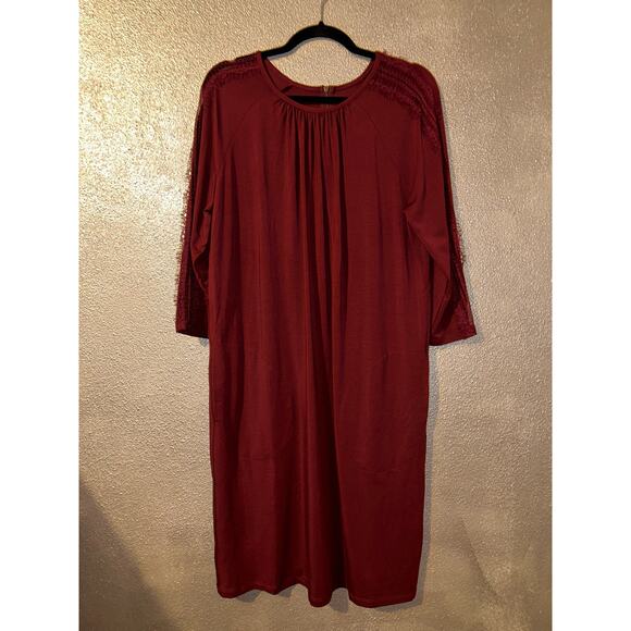 Garnet Hill Office Business Casual Burgundy Lace 3/4 Sleeves Pleated Front Dress - Picture 1 of 14